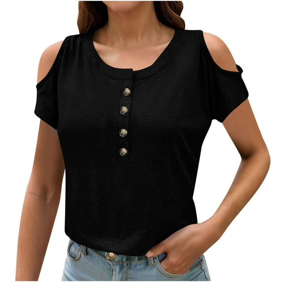 Uaswgudfs Women's Cold Shoulder Blouse & Henley Tee, Casual Basic Off Shoulder Open Shoulder Short Sleeve Tops