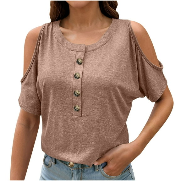 Uaswgudfs Women's Cold Shoulder Blouse & Henley Tee, Casual Basic Off Shoulder Open Shoulder Short Sleeve Tops