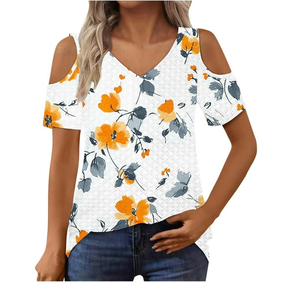 Uaswgudfs ​Women's Cold-Shoulder Floral Short Sleeve Blouse: Relaxed Fit & Trendy V-Neck for Summer CasualYellowL