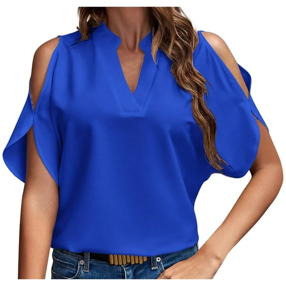 Uaswgudfs Women's Cold Shoulder & V-Neck Chiffon Blouse Summer Short Sleeve Dressy Top with Casual Trim