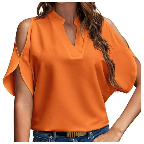 Uaswgudfs Women's Cold Shoulder & V-Neck Chiffon Blouse Summer Short Sleeve Dressy Top with Casual Trim