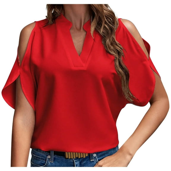 Uaswgudfs Women's Cold Shoulder & V-Neck Chiffon Blouse Summer Short Sleeve Dressy Top with Casual Trim