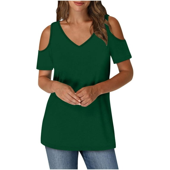 Uaswgudfs Women's Cold shoulder V-Neck Summer Tee – Loose-Fit Short Sleeve Casual Top with Cute Basic Design