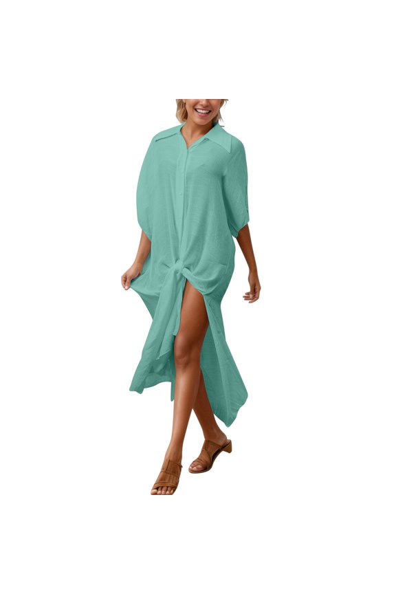 Women's Collared Button Down Swimsuit Cover Up Knot Front Side Split Maxi Beach Kimono Dress for Summer Pool Vacation Blue Free Size
