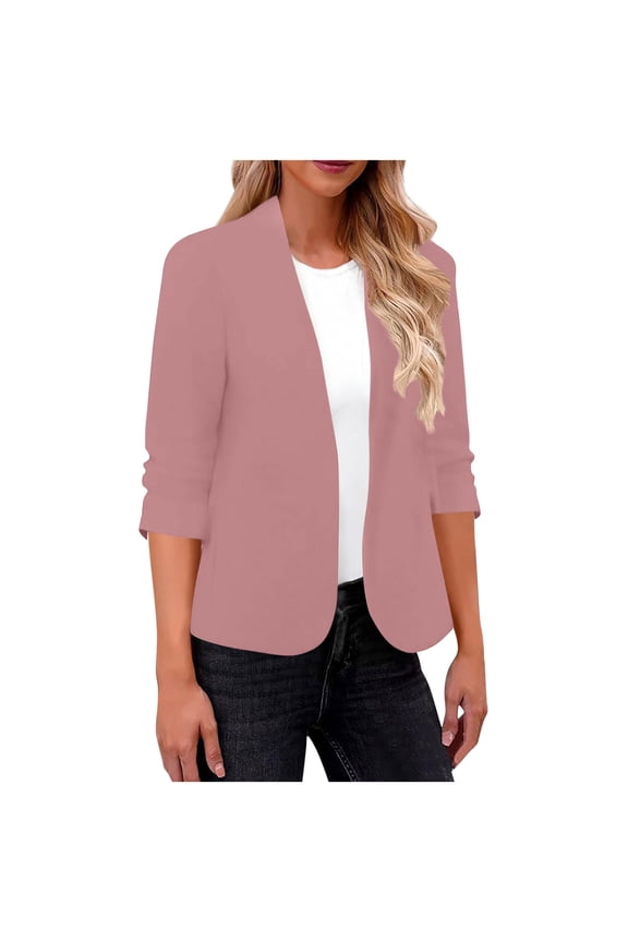 ​Women's Collarless Slim Blazer - 3/4 Sleeve Lightweight Design for Casual & Office Wear