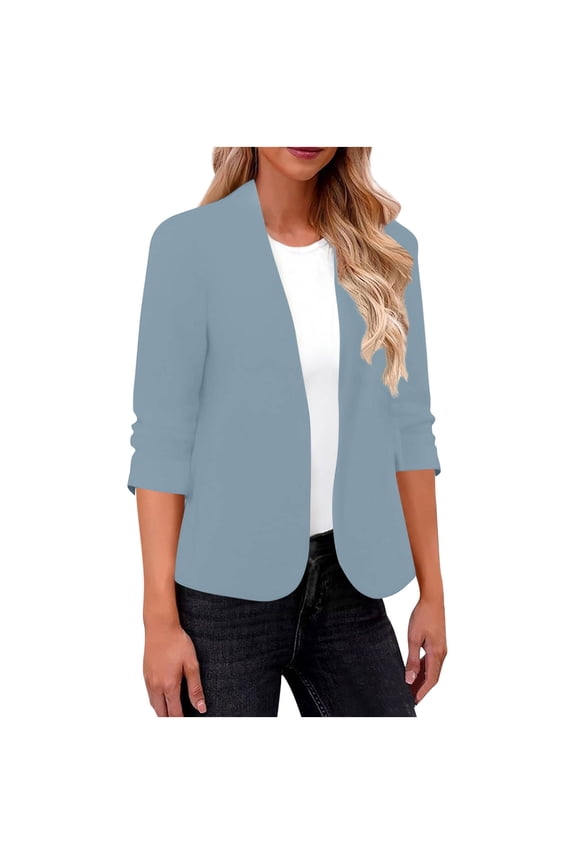 ​Women's Collarless Slim Blazer - 3/4 Sleeve Lightweight Design for Casual & Office Wear