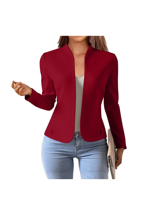 ​Women's Collarless Slim Fit Blazer - Open Front Structured Design with Contrast Piping Detail​