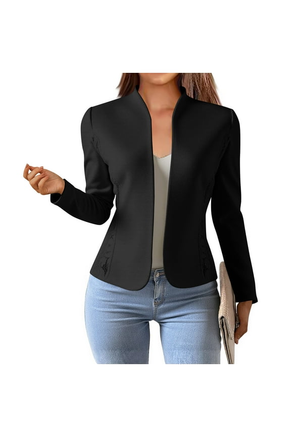 Women's Collarless Slim Fit Blazer - Open Front Structured Design with Contrast Piping Detail