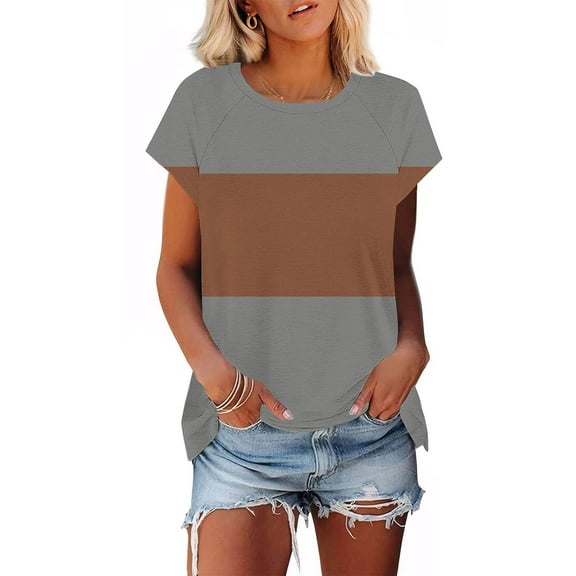 Uaswgudfs Women’s Color Block Patch color Loose Fit Short Sleeve & Blouse Tops - Summer Casual Fashion with Breathable Knit Design