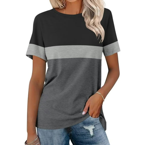 Uaswgudfs Women's Color Block T-Shirt Blouse Short Sleeve Crew Neck Athleisure with Breathable Summer Fabric for Basic Daily Styling