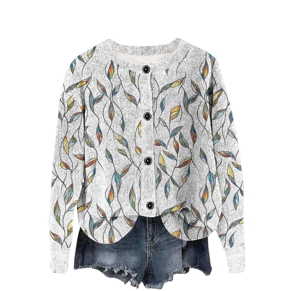 Uaswgudfs Women's Colorful Leaf Printed Knit Cardigan, Long Sleeve Button-Front Crew Neck Casual Fashion Outerwear - Trendy Spring Summer Sweater White M