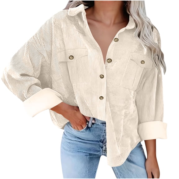 Uaswgudfs Women's Corduroy Casual Jacket, Long Sleeve Button-Front Oversized Shirt Jacket, Trendy Loose-Fit Outerwear for Daily, Street & Office Wear Beige S