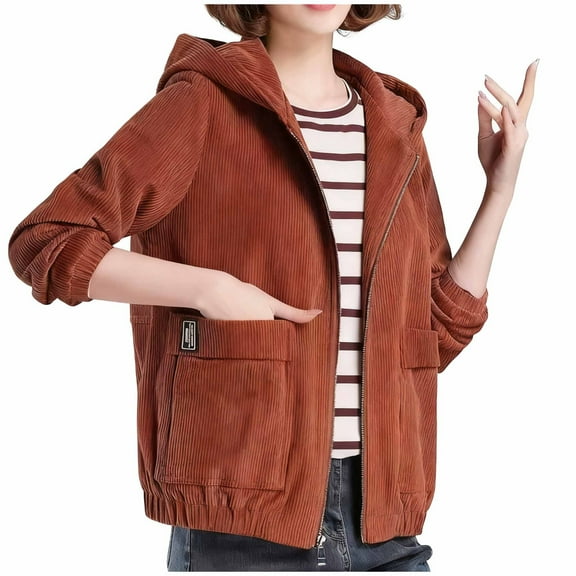 Uaswgudfs Women's Corduroy Hooded Zip-Up Jacket, Casual Long Sleeve Coat with Pockets - Everyday Outerwear Brown XXS