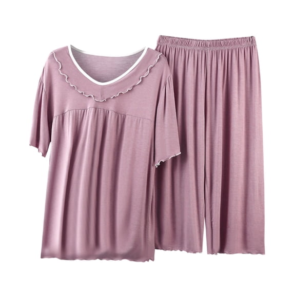 Uaswgudfs Women's Cotton Loose Pajama Set, Casual Sleeping Wear Short Sleeve V Neck Ruffle Top with Trousers 2025