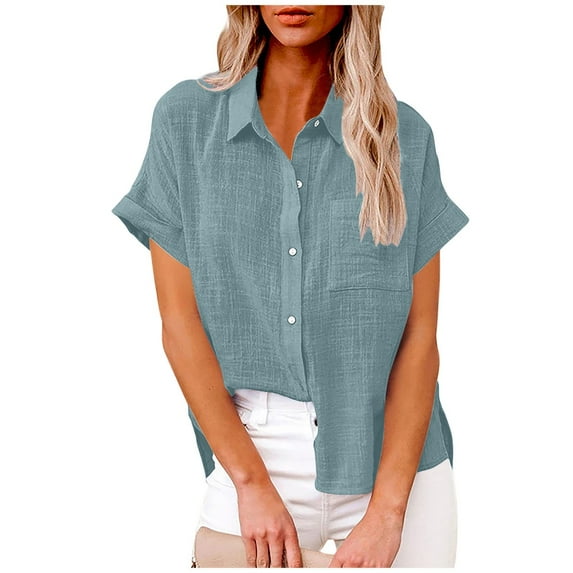 Uaswgudfs Women's Cotton Short Sleeve Shirt - Casual Cardigan Summer Blouse with Chest Pocket and Button Placket Top