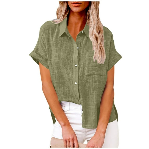 Uaswgudfs Women's Cotton Short Sleeve Shirt - Casual Cardigan Summer Blouse with Chest Pocket and Button Placket Top