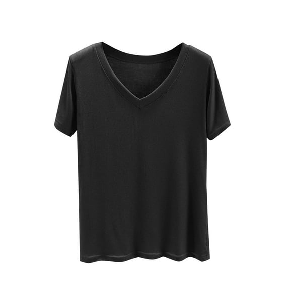 Uaswgudfs Women's Cotton Solid Color V-Neck Blouse Tee – Loose-Fit Casual Short Sleeve Summer Top