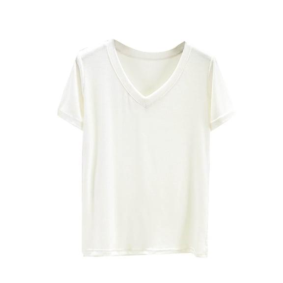 Uaswgudfs Women's Cotton Solid Color V-Neck Blouse Tee – Loose-Fit Casual Short Sleeve Summer Top