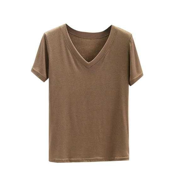 Uaswgudfs Women's Cotton Solid Color V-Neck Blouse Tee – Loose-Fit Casual Short Sleeve Summer Top
