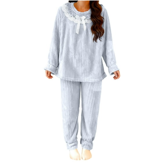 Uaswgudfs Women's Cozy Flannel Pajama Set, Lace Trim Long Sleeve Top and Pants Loungewear, Warm Winter Homewear Sleepwear Set