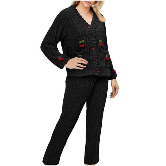 Uaswgudfs Women's Cozy Fuzzy Pajama Set Cherry Embroidery, Plus Size Sleepwear & Soft Long Sleeve