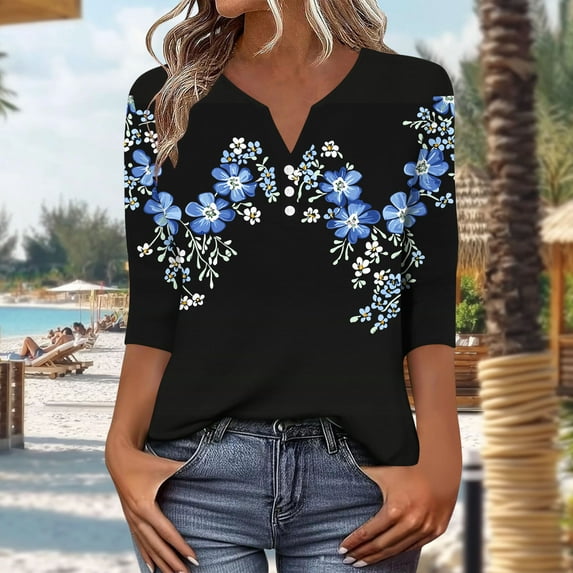 Uaswgudfs Women's Crew Neck 3/4 Sleeve Top - Floral Print Loose Fit Casual T-Shirt, Women Casual Loose Fit T-Shirts Navy 3XL