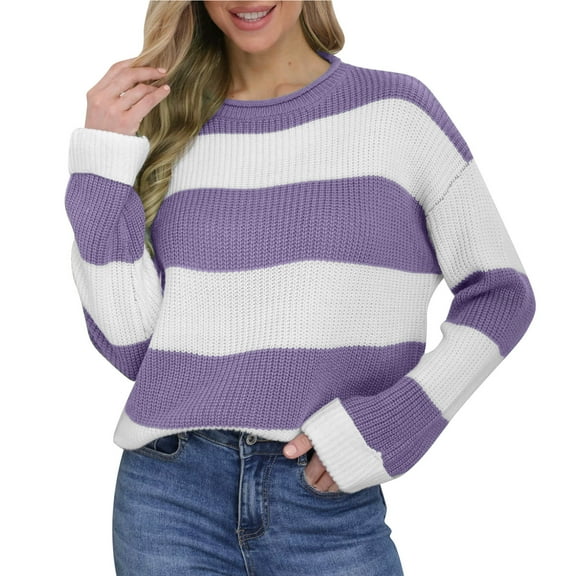 Uaswgudfs Women's Crew Neck Striped Sweater - Long Sleeve Color Block Knit Pullover, Ladies' Casual Fall Winter Knit Top for Daily & Office Outfits