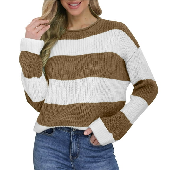 Uaswgudfs Women's Crew Neck Striped Sweater - Long Sleeve Color Block Knit Pullover, Ladies' Casual Fall Winter Knit Top for Daily & Office Outfits