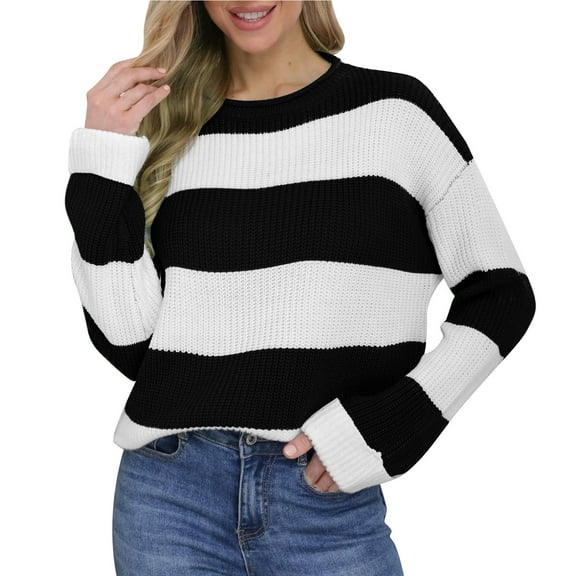 Uaswgudfs Women's Crew Neck Striped Sweater - Long Sleeve Color Block Knit Pullover, Ladies' Casual Fall Winter Knit Top for Daily & Office Outfits