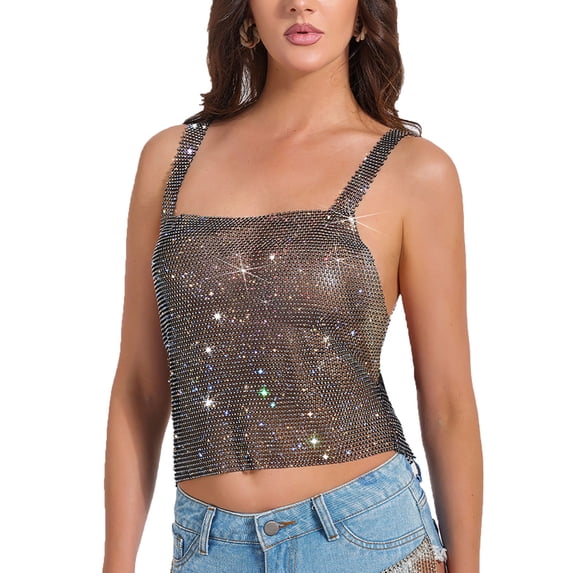 Uaswgudfs Women's Crop Top Strappy Lingerie Top - Party Bling Sparkly Bralette for Women Black XL