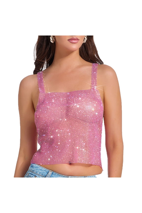 Women's Crop Top Strappy Lingerie Top - Party Bling Sparkly Bralette for Women Pink S