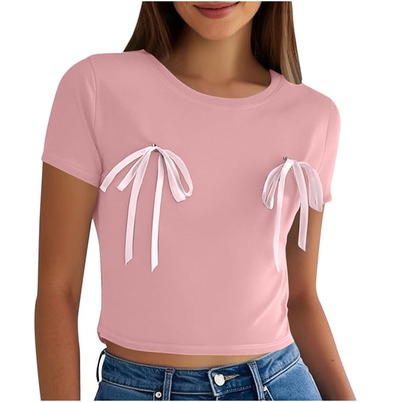 Uaswgudfs Women's Cropped Bow Detail T-Shirt: Stretchy Fitted Short Sleeve Crop Top for Summer Styling & Lightweight Comfort Pink L