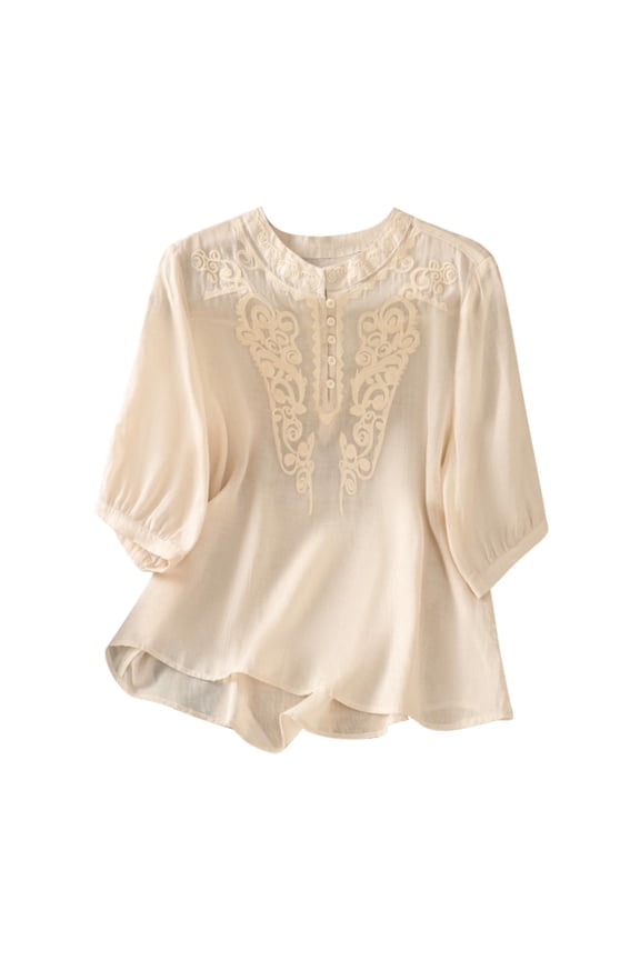​Women's Cropped Button-Front Blouse: Embroidered Collar & Asymmetric Hem for Vintage Trendy Summer TopsBeigeXL