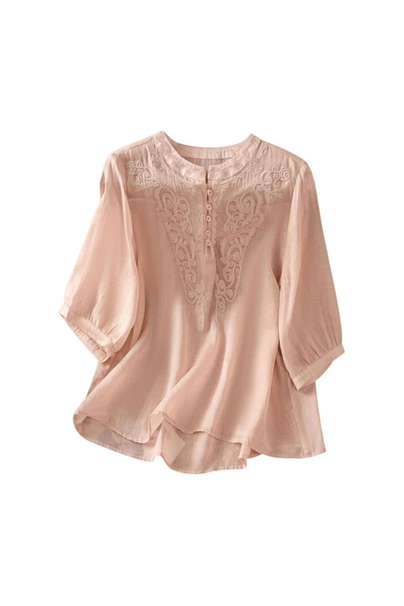 Women's Cropped Button-Front Blouse: Embroidered Collar & Asymmetric Hem for Vintage Trendy Summer TopsPinkL