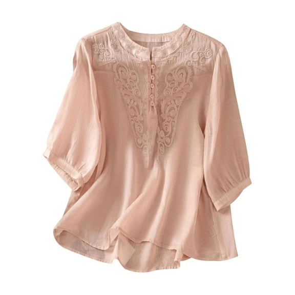 Uaswgudfs ​Women's Cropped Button-Front Blouse: Embroidered Collar & Asymmetric Hem for Vintage Trendy Summer TopsPinkM