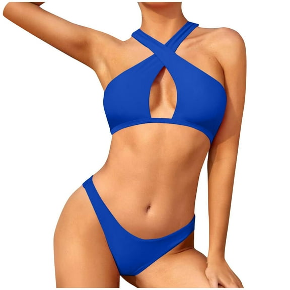 Uaswgudfs Women's Cross-Front Swimsuit Set with Plunge Neckline & Low-Rise Bottoms - Smooth Contoured Fabric & Beach Design Blue M