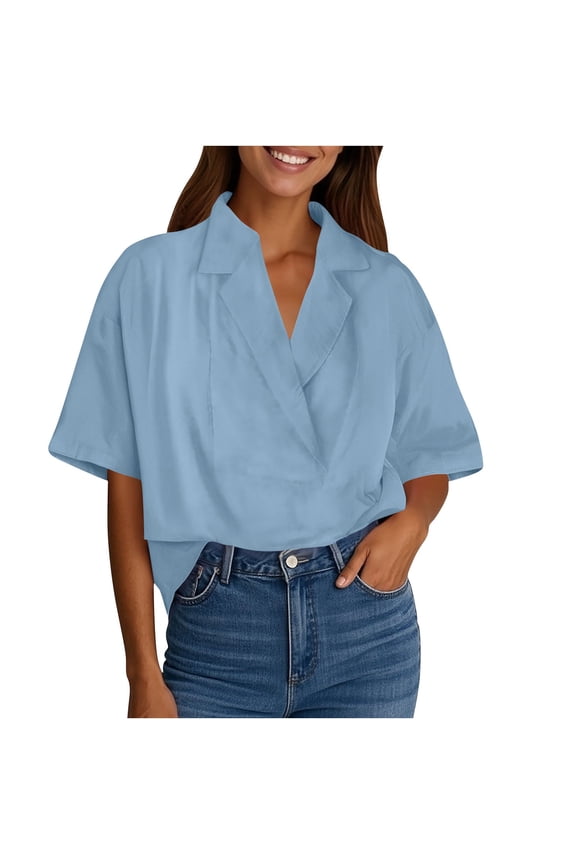 Women's Crossover Lapel Blouse: Relaxed Fit Lightweight Drape Top with Summer-Friendly Casual Styling & Soft Fabric Light Blue XXL