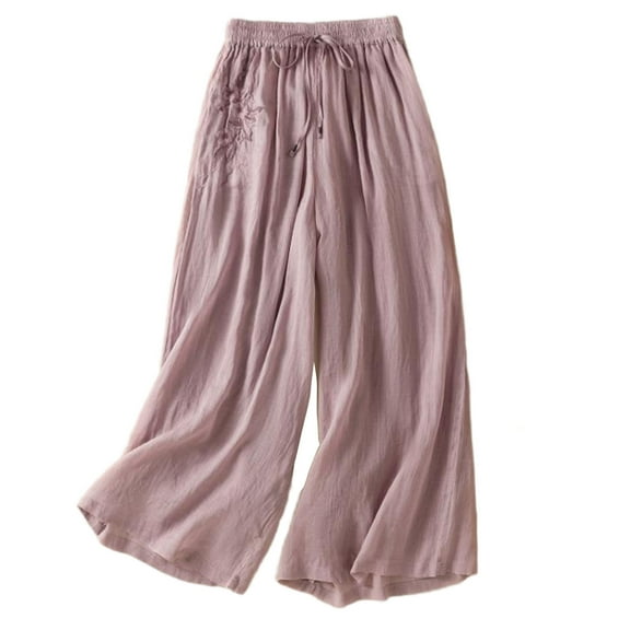 Uaswgudfs Women' s Culottes Linen Blend Wide Leg Pants Elastic Waist Casual Trousers with Pockets Capris Purple XL