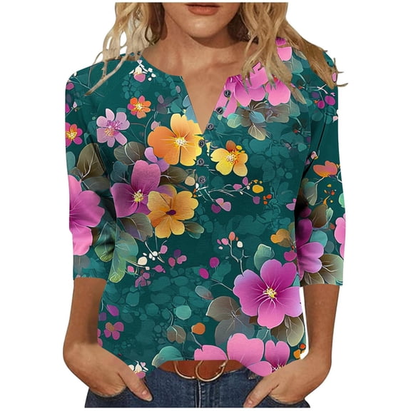 Uaswgudfs Women's Daily Casual Fashion Unpositioned Print V-Neck Button T-Shirt – Loose Fit 3/4 Sleeve Tops Women's Shirts Green 2XL