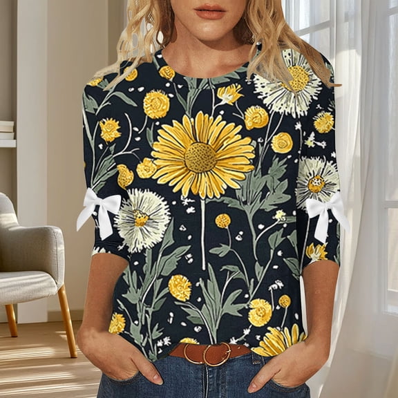 Uaswgudfs Women's Daily Casual Fashion Unpositioned Print V-Neck Button T-Shirt – Loose Fit 3/4 Sleeve Tops Women's Shirts Yellow 5XL