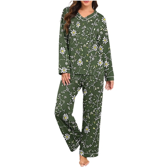 Uaswgudfs Women's Daisy Print Pajama Set V-Neck Long Sleeve Loose Loungewear Top & Pants 2-Piece Casual Sleepwear Outfit for Women Daily Wear & Sleeping Green S