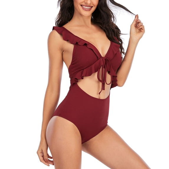 Uaswgudfs Women's Deep V-Neck One-Piece Swimsuit with Ruffled Trim Accents, Adjustable Tie Details, Ribbed Stretch Fabric Wine S