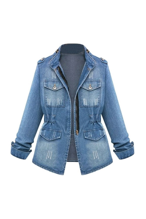 Women's Denim Jacket Zip Up Distressed Vintage Drawstring Waist Casual Coat Plus Size Long Sleeve Outerwear Blue L