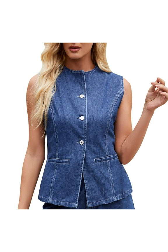 Women's Denim Tank Vest - Crew Neck Sleeveless Button Down Jean Waistcoat for Casual Summer Tops
