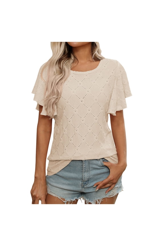 Women's Diamond Cutout Flutter Sleeve Blouse: Relaxed Fit Summer Top with Breathable Fabric & Chic Casual Elegance Beige L