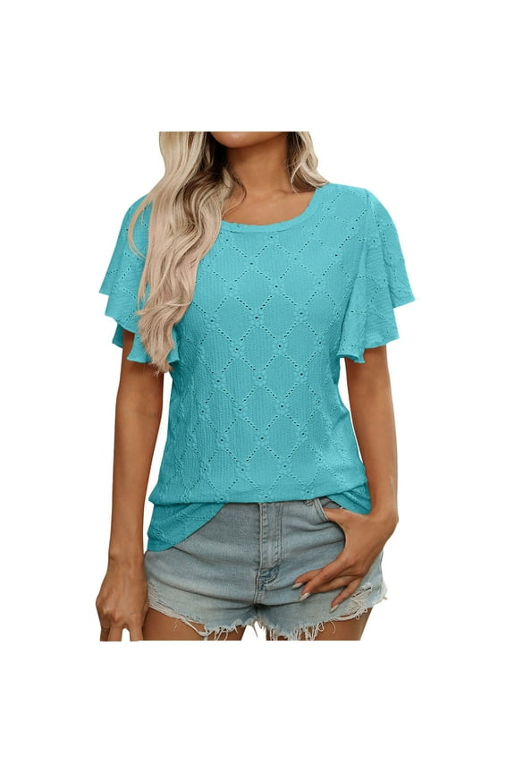 Women's Diamond Cutout Flutter Sleeve Blouse: Relaxed Fit Summer Top with Breathable Fabric & Chic Casual Elegance Blue L