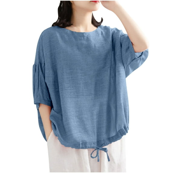 Uaswgudfs Women's Drawstring Hem Crew Neck T-Shirt: Short Sleeve Summer Top with Ultra-Soft Lightweight Casual Fabric Blue L