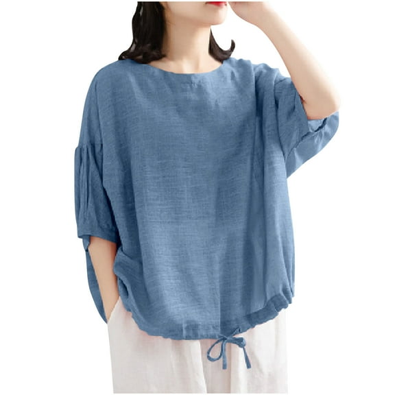 Uaswgudfs Women's Drawstring Hem Crew Neck T-Shirt: Short Sleeve Summer Top with Ultra-Soft Lightweight Casual Fabric Blue L