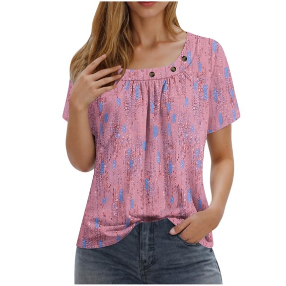 Uaswgudfs Women's Dressy Boat Neck Tunic Top - Summer Floral Boho Loose Fit Pleated Casual Short Sleeve Blouse