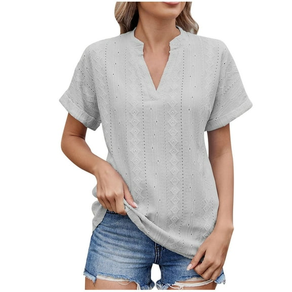Uaswgudfs Women's Dressy Casual V-Neck Blouse Tee - Loose Fit Short Sleeve with Curved Hem Solid Color Stretch Top